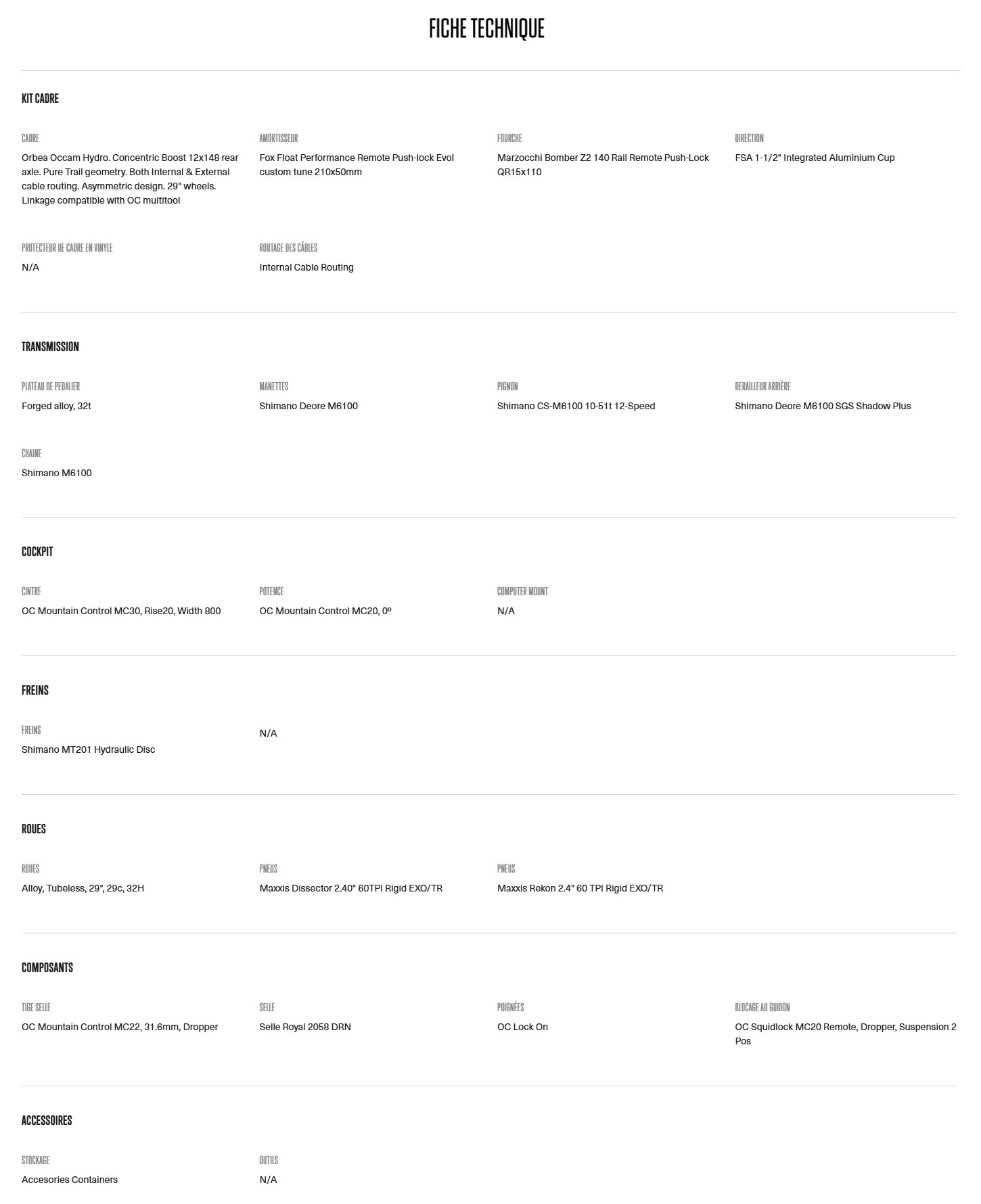 Caracteristique technique du Occam SL H30 année 2025